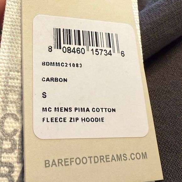 Barefoot Dreams Mens Pima Cotton Fleece Zip Hoodie in Carbon Gray Small NWT - Picture 6 of 6